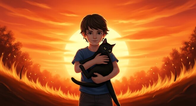 Young boy cradles a small feline against a brilliant, fiery sunset