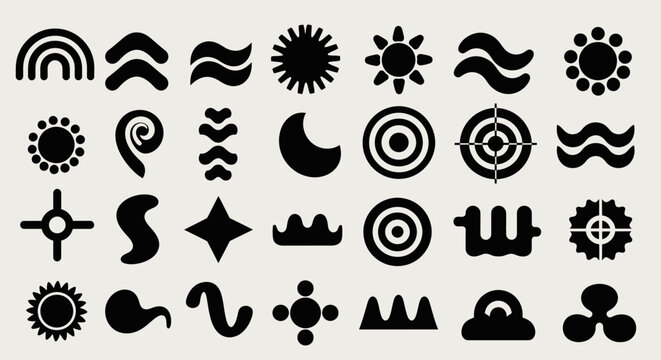 Collection of abstract primitive tribal symbols and icons.