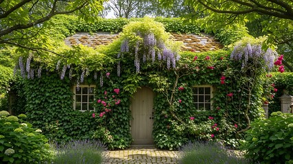 Enchanting cottage covered in wisteria and roses