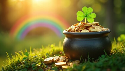 Obraz premium Pot of gold coins sits on green grass with a rainbow arching in soft sunlight. A lucky clover leaf sprouts from the overflowing treasure. St. Patricks Day theme.