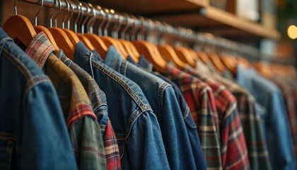 Row of denim jackets and plaid shirts hang on wooden hangers. Clothes displayed for sale in a retail shop. Casual apparel is neatly arranged on a rack for customer viewing.