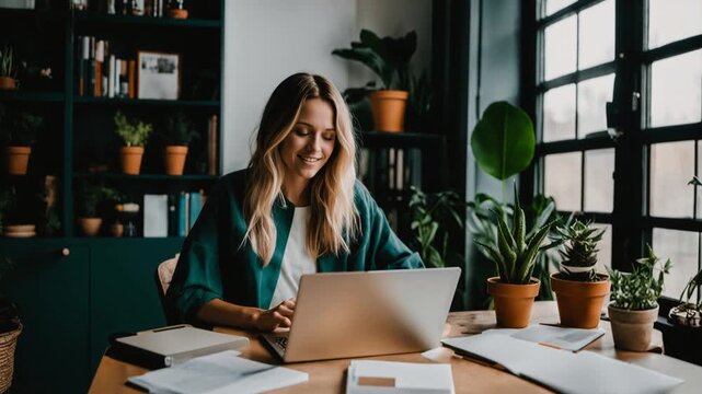 Work from home office young gen Z wfh concept relax sit easy at cozy desk write note think idea plan self MBA study reskill upskill