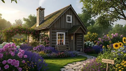 Charming log cabin with abundant flower garden