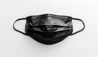 A black medical mask displayed centrally on a white background, viewed from above