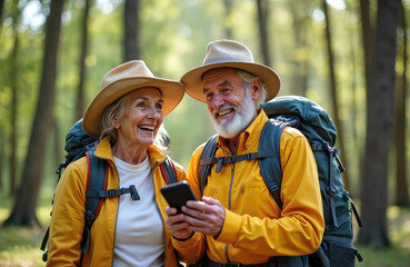 Senior couple hikers with backpacks pause in sunlit forest. They smile, holding phone. Woman and man enjoy nature walk, healthy retirement lifestyle.