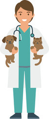 Obraz premium Caring male veterinarian in uniform holding a puppy and a kitten.