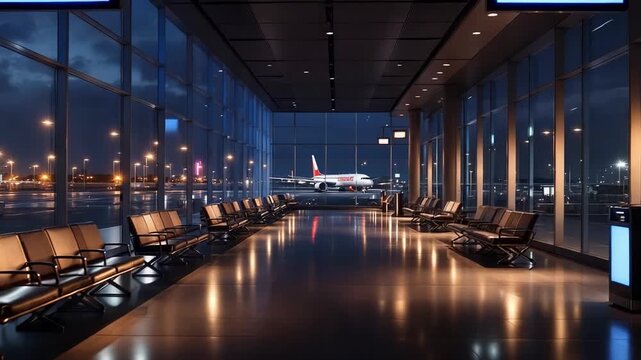 tranquil airport scene featuring vacant seats and reflective floors