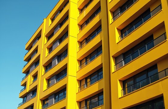 A modern yellow building facade with multiple rows of dark windows and balconies. The structure has a ventilated exterior. Bright sunny day contrasts with the building and clear blue sky.