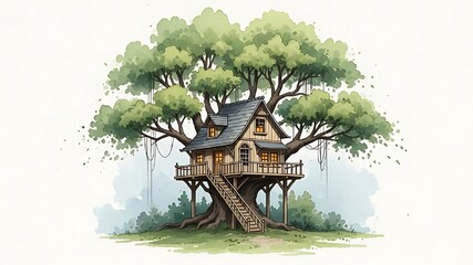 Watercolor treehouse illustration