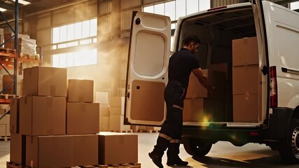 Professional Delivery Man Loading Cardboard Boxes from Pallet into White Cargo Van in Modern Warehouse for Logistics and Shipping