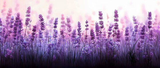 A captivating panorama of lavender flowers in various shades of purple, creating a serene and calming atmosphere in a vibrant field.