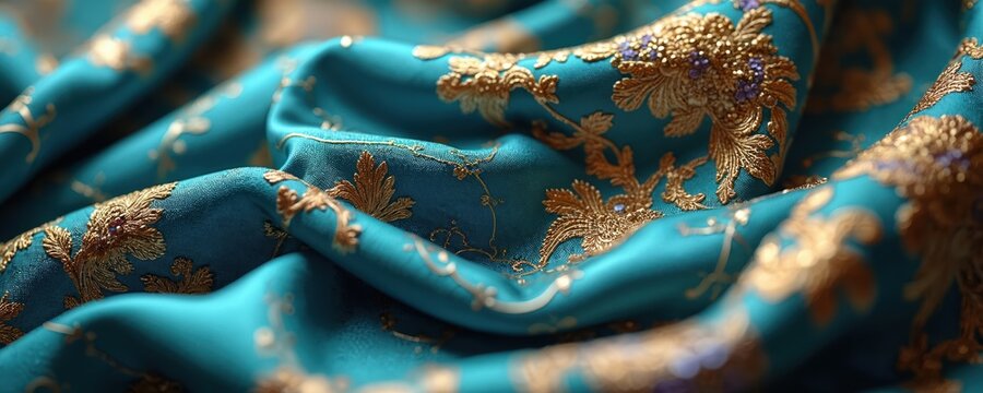 Close up of teal fabric with ornate gold embroidery. Intricate floral patterns adorn luxurious textile, highlighting rich texture and detail. Ideal for fashion design, decor, or cultural art projects.