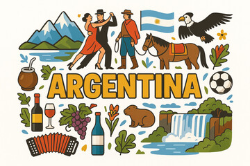 Fototapeta premium Colorful Argentina Vector Illustration with Tango, Gauchos, Andes, Iguazú Falls and Flag