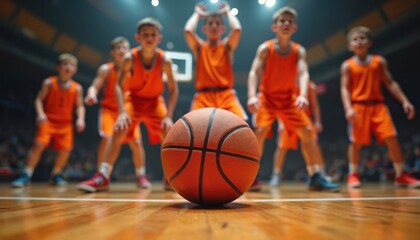 Young basketball team players in orange uniforms practice on court. Kids train sports drill, focus on ball. Future athletes gain skills, show teamwork, energy, determination.