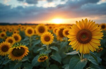 Fototapeta premium Field of bright yellow sunflowers under a dramatic dusky sky at sunset. Warm golden light illuminates the blooming flowers. Tall plants with green leaves stand in rows. Horizon shows a warm glow.