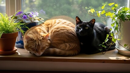 Two cats sunbathing on a windowsill