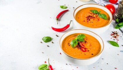 Tomato soup bowls with fresh basil and chilli.