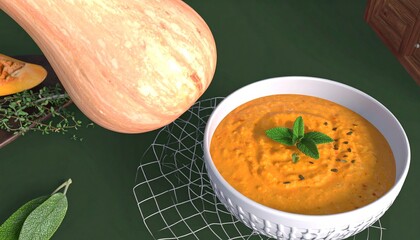 Pumpkin soup with ingredients on table.