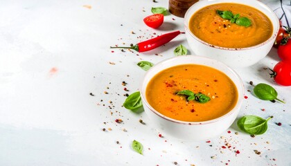 Tomato soup bowls with fresh garnish.