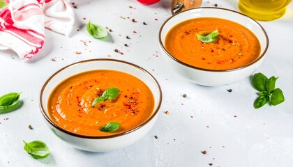 Tomato soup bowls with basil garnish.