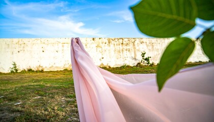 Pink cloth hanging in a sunny garden.