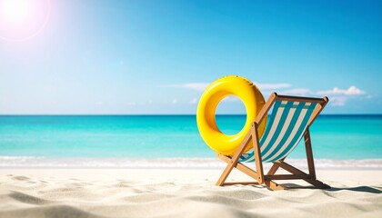 Beach chair and float by sea on sunny day.