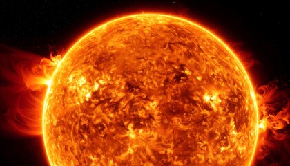 Fiery sun in space with solar flares.