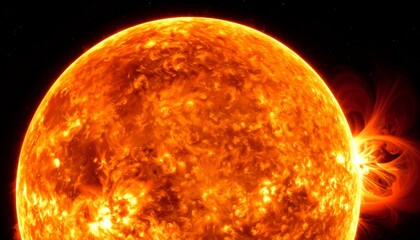 Fiery sun with solar flares in space.