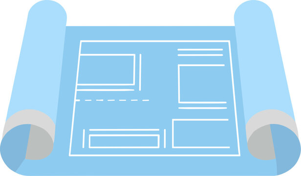 Rolled up architectural blueprint scroll with technical drawings.