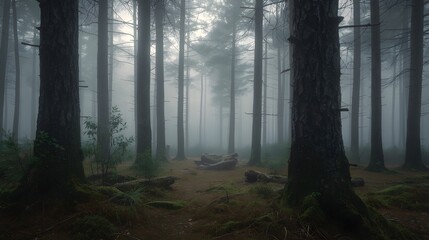 A tranquil pine forest covered in thick morning fog, featuring tall trees, soft light, and scattered fallen logs on the forest floor.