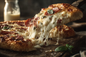 Delicious hot pizza slice lifted from the whole pie with gooey melted cheese stretching, perfect for food advertising, restaurant menus, delivery promotions and culinary branding