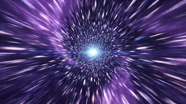 Cinematic loop of hyperdrive space travel at warp speed through a purple cosmic wormhole tunnel.