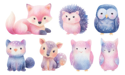 Obraz premium Adorable Woodland Animals in Watercolor Style on Transparent Background