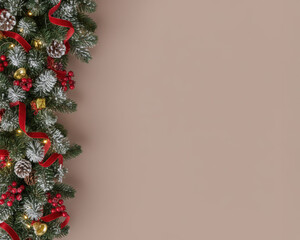 Simple traditional minimalist Christmas Holiday background with ad or copy space plus decorative frosted pine garland & little gold presents bells & mistletoe on left and blank area on right