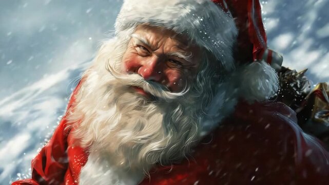 Santa Claus with a joyful expression in a snowy landscape.