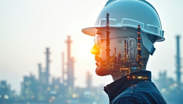 Man in hard hat and glasses is superimposed with industrial refinery complex. He represents engineers working on energy generation projects in manufacturing plants.