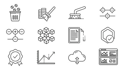 Set of 12 clean icons for web design, illustrating concepts like data, finance, and technology