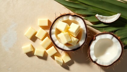 Fototapeta premium Shea butter cubes and fresh coconut halves arranged with green palm leaves. Natural ingredients for skin care and beauty treatments. Creamy texture and tropical aroma.
