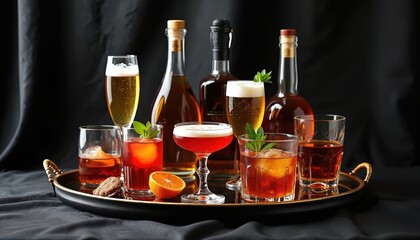 Collection of alcoholic drinks includes beer, wine, cocktails, spirits served in various glasses on tray. Bottles of liquor arranged behind drinks, with garnishes like mint, orange slices adding