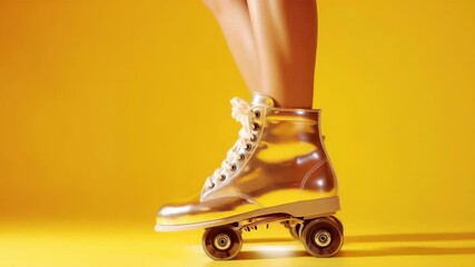 A pair of metallic roller skate shoes against a vibrant yellow background.