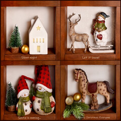 Christmas collage with various decors inside wooden boxes with text under each