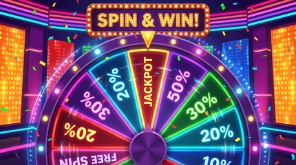 Spin and Win Jackpot Wheel with Neon Lights and Gambling Theme.