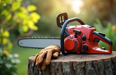 Fototapeta premium Red chainsaw and leather gloves rest on tree stump outdoors. Tools ready for yard work or logging. Wood cutting equipment waits in sunlit garden.