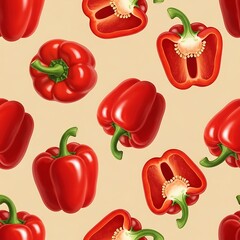 Vibrant red bell peppers repeat in a seamless pattern against a light background