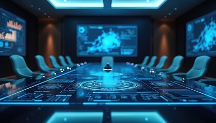 Futuristic meeting room with digital displays on table, walls. Advanced technology interface used for business strategy, innovation discussions. High tech conference for corporate decision making.