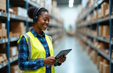 Smiling African American woman wearing headset and safety vest uses tablet for inventory count in a warehouse aisle with tall shelves filled with boxes, coordinating logistics via computer.