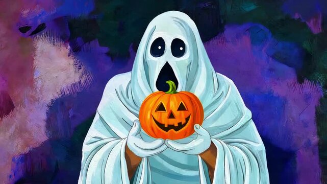 Ghost holding jackolantern spooky halloween character costume sheet apparition scary night dark purple background trick or treat festive holiday celebration eerie spectral figure glowing orange pumpki