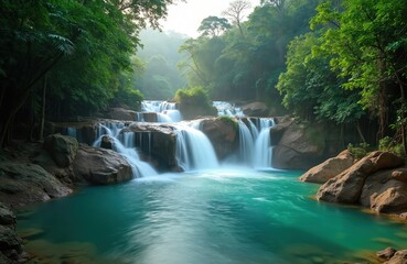 Fototapeta premium Cascading turquoise water flows over brown rocks in a lush green jungle. Verdant trees surround the vibrant pool, creating a serene natural landscape. This tropical scene offers tranquility.