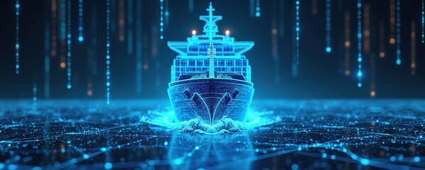 Digital blue container ship moves through abstract data ocean. Futuristic network visualization shows global cargo transport and logistics. Technology connects world trade routes.
