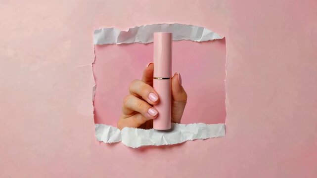 Pink lipstick tube held by manicured hand peeking through torn paper background cosmetic beauty product advertisement concept luxury makeup fashion accessory presentation minimal design